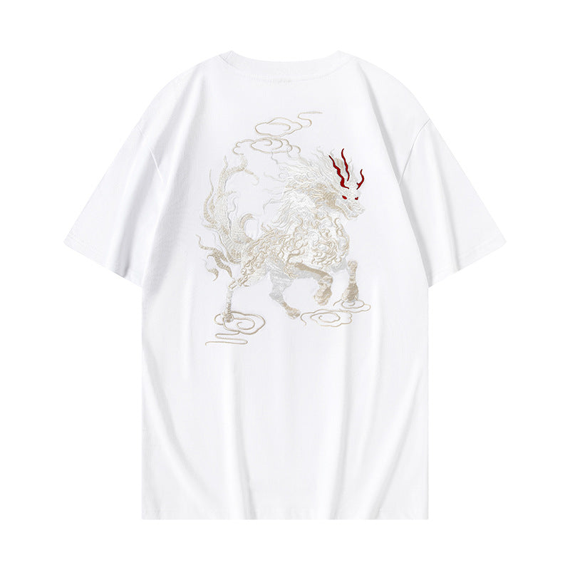 White men's Qilin auspicious cloud T-shirt lifestyle streetwear look short sleeve graphic tee TeenStylo