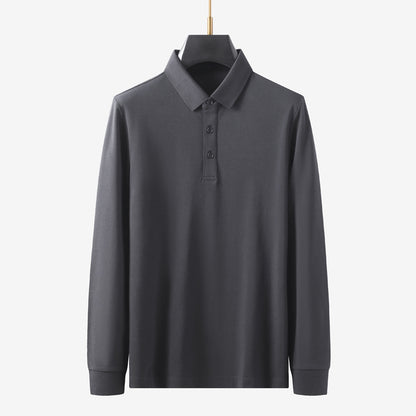 Man wearing smog blue long sleeve notch collar polo tee in urban streetwear style lifestyle shot - TeenStylo