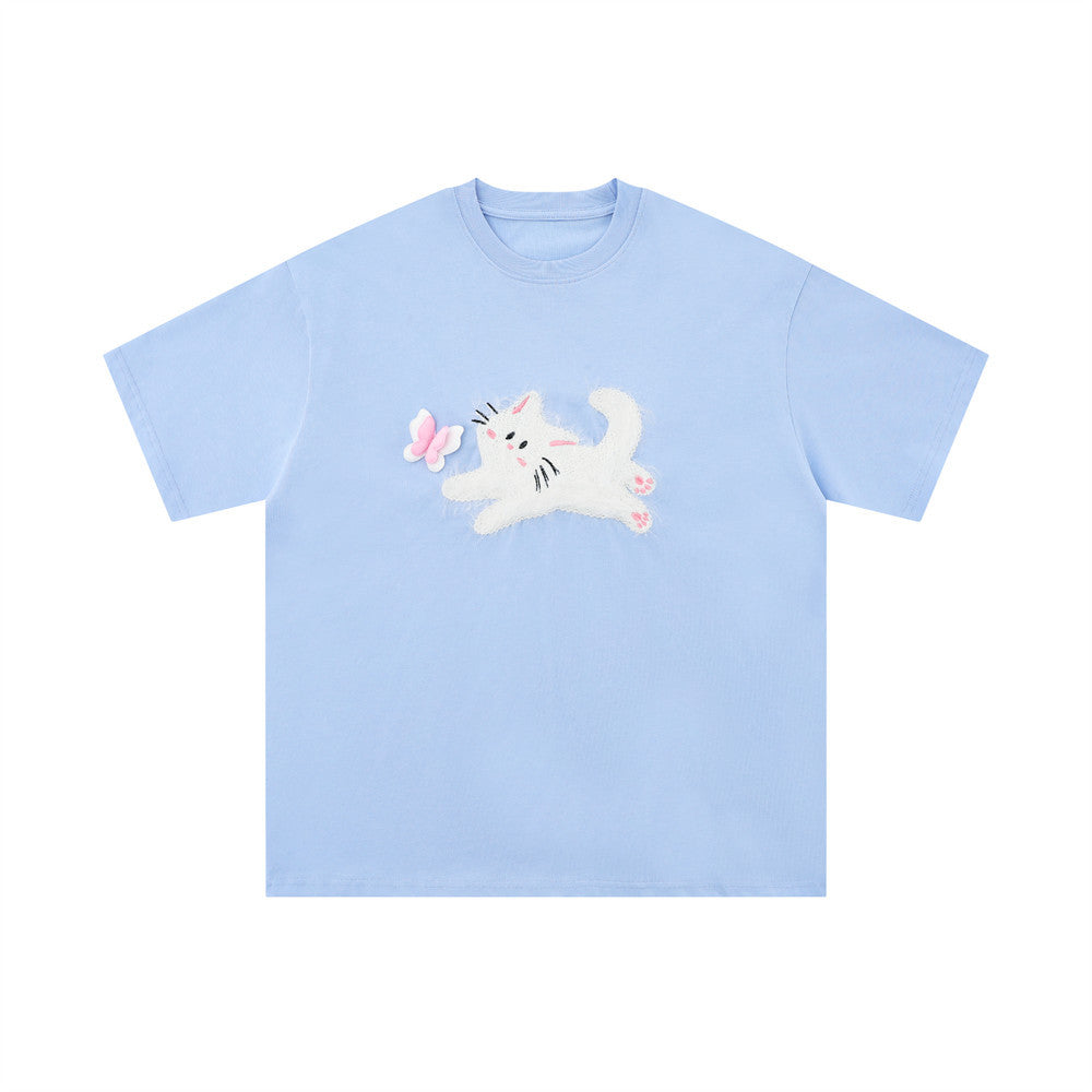 Light blue fuzzy 3D cat graphic short sleeve t-shirt mens Y2K Harajuku streetwear style front view TeenStylo