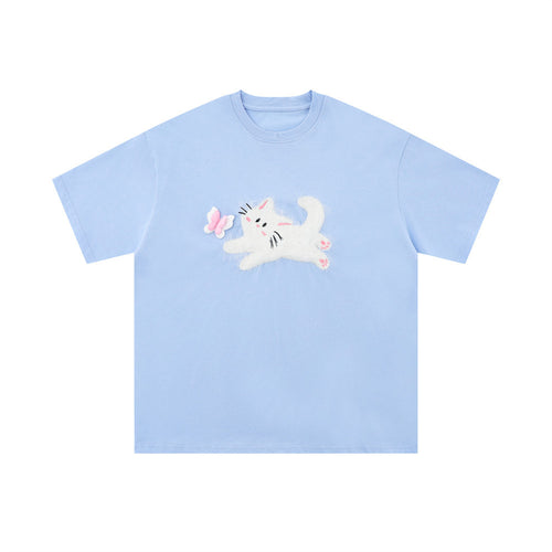 Light blue fuzzy 3D cat graphic short sleeve t-shirt mens Y2K Harajuku streetwear style front view TeenStylo