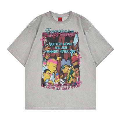 Gray unisex distressed cotton t-shirt with anime cartoon print, streetwear style lifestyle shot – TeenStylo