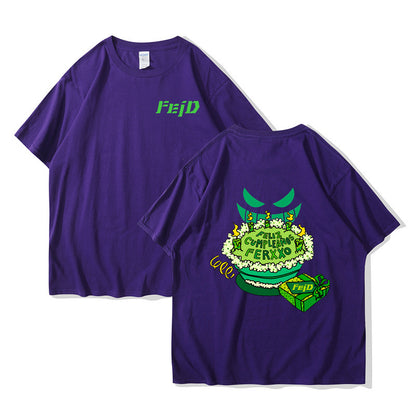 Dark grey unisex FELIZ CUMPLEANOS Ferxxo Tour graphic t-shirt streetwear style front view at TeenStylo