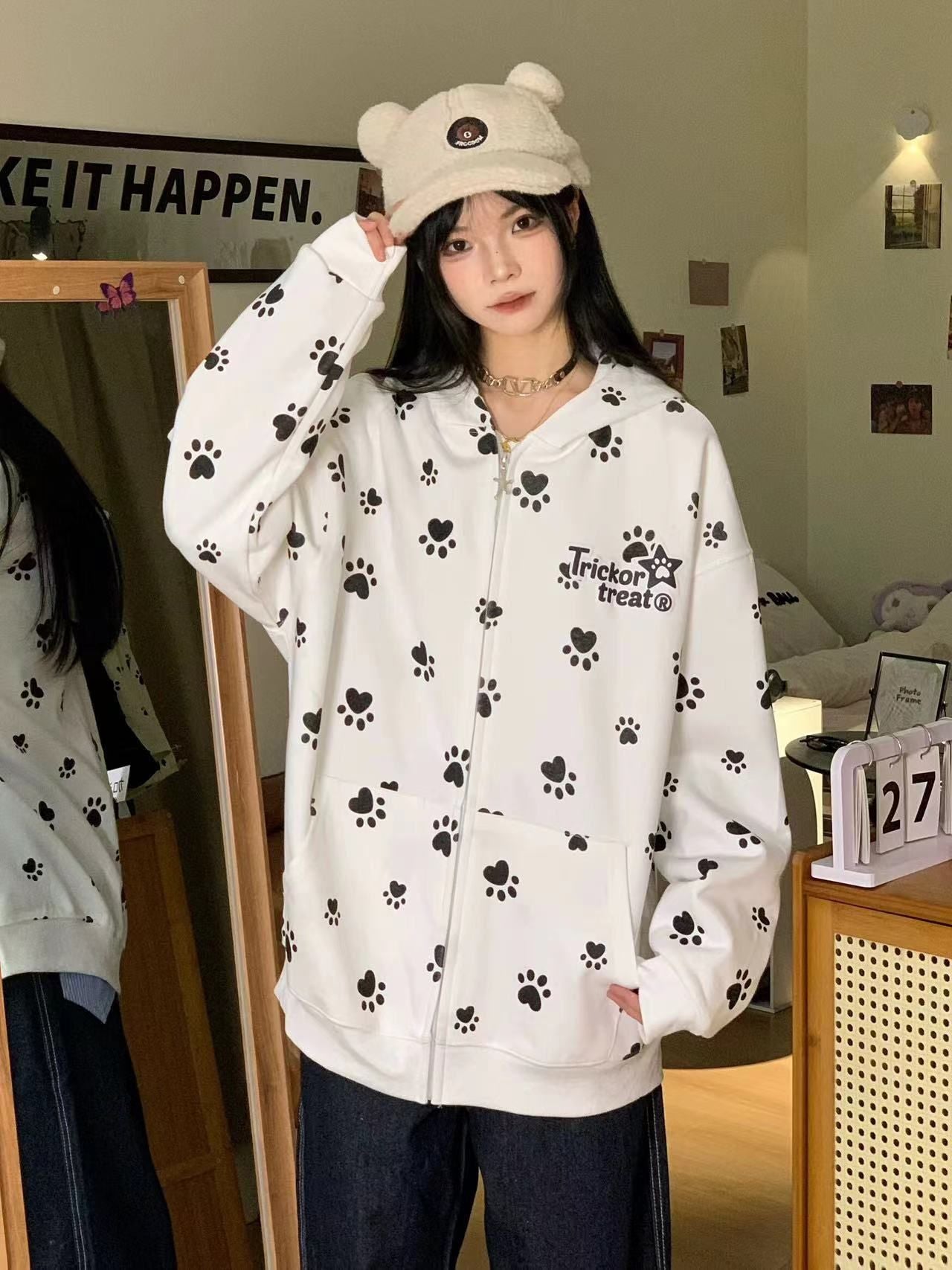 White lightweight unisex camo dog paw print hooded zip-up sweatshirt jacket lifestyle shot | TeenStylo