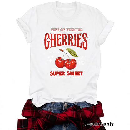 Dark red cherry print women's short sleeve T-shirt back view, Y2K streetwear style | TeenStylo