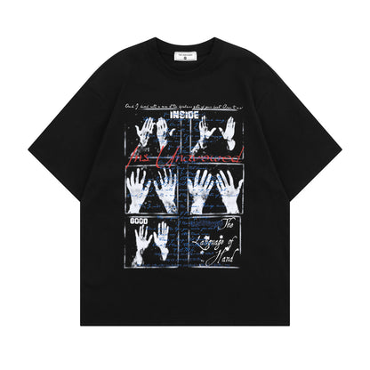 White men's graphic couple t-shirt with trendy palm print design, front view | TeenStylo