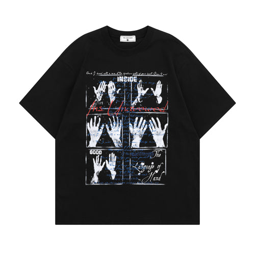 White men's graphic couple t-shirt with trendy palm print design, front view | TeenStylo