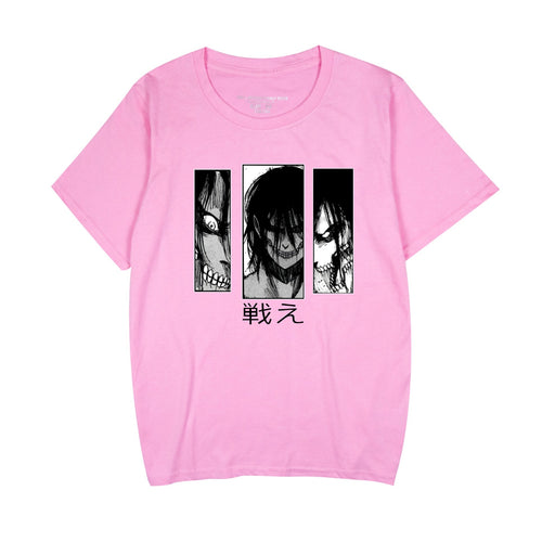 Pink Attack on Titan graphic print unisex anime T-shirt front view – TeenStylo