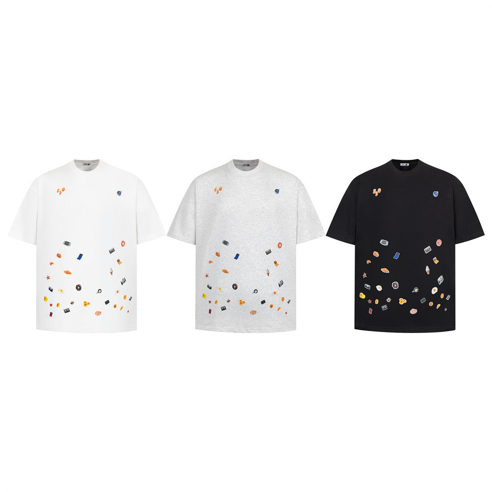 Black cartoon sticker print t-shirt back view short sleeve streetwear graphic tee for men TeenStylo