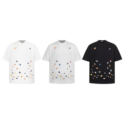 Black cartoon sticker print t-shirt back view short sleeve streetwear graphic tee for men TeenStylo