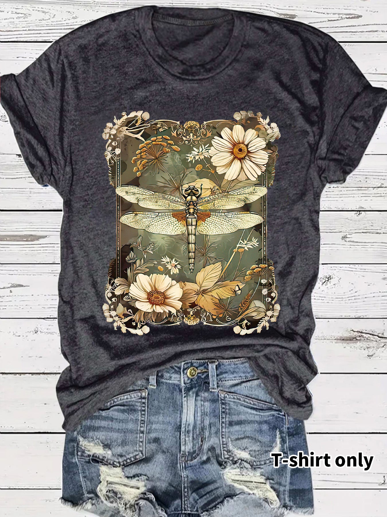 Dragonfly print short sleeve t-shirt in flower black unisex streetwear style lifestyle look | TeenStylo