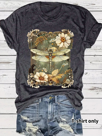Dragonfly print short sleeve t-shirt in flower black unisex streetwear style lifestyle look | TeenStylo