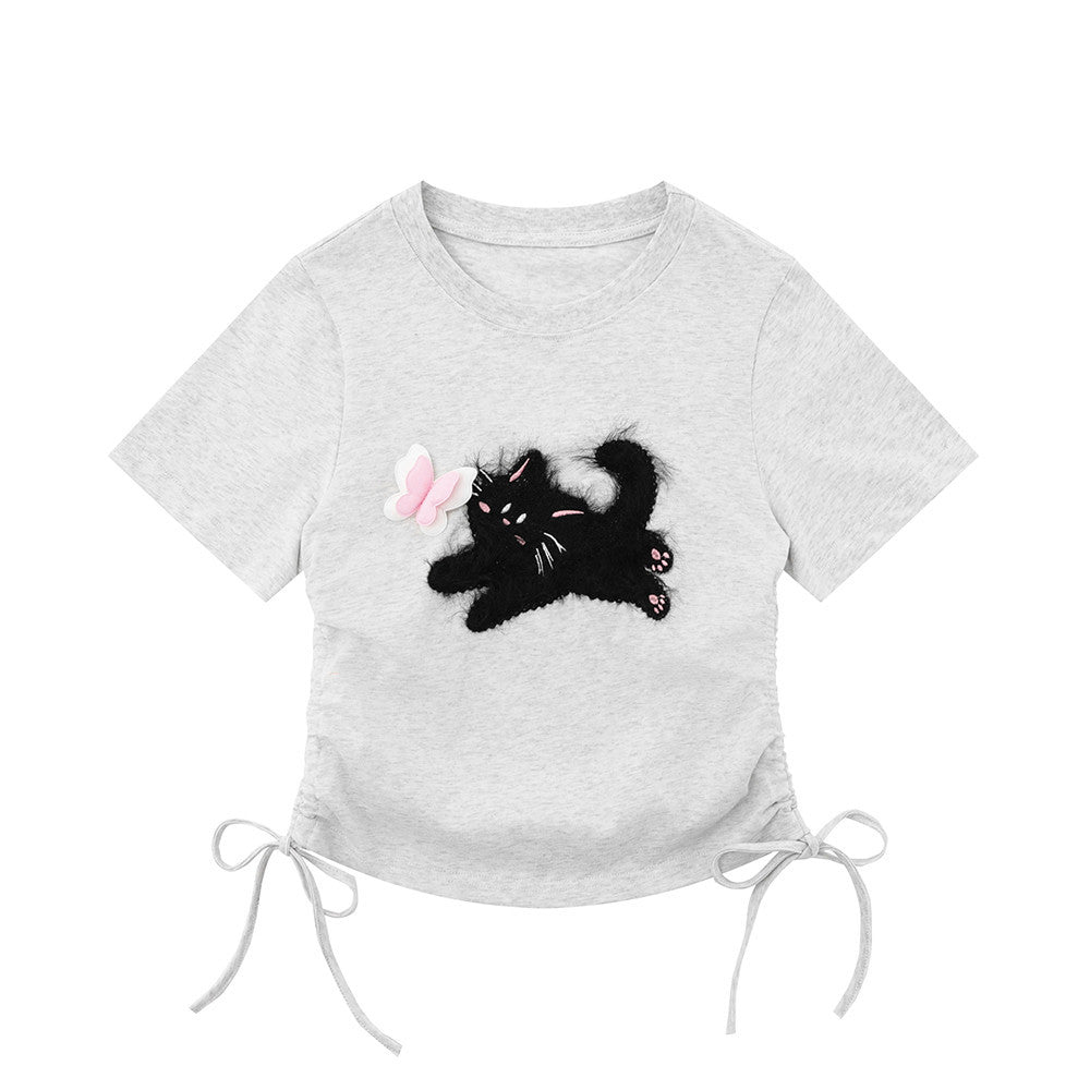 Light gray women's fuzzy 3D cat graphic short sleeve T-shirt streetwear Harajuku BF style lifestyle shot TeenStylo
