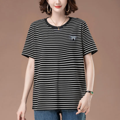 Back view of women's black striped short sleeve loose T-shirt, unisex Y2K streetwear style | TeenStylo