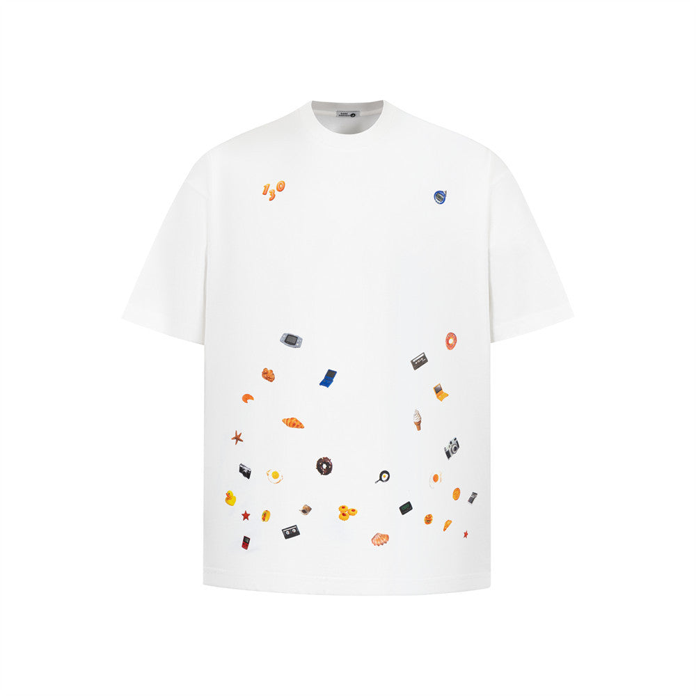 White men's cartoon sticker print short sleeve t-shirt lifestyle look TeenStylo