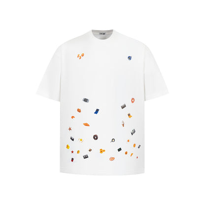White men's cartoon sticker print short sleeve t-shirt lifestyle look TeenStylo