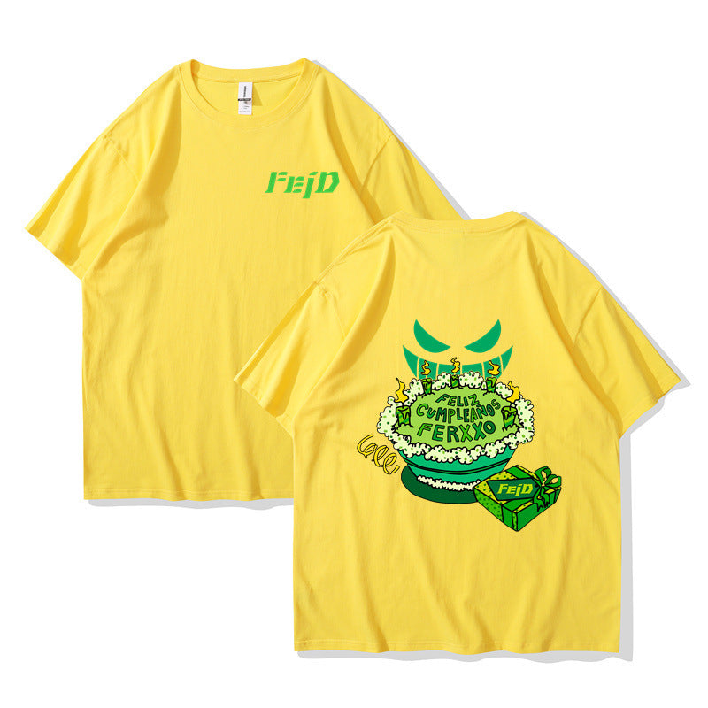 Yellow Feliz Cumpleanos Ferxxo Tour unisex t-shirt streetwear graphic tee front view TeenStylo