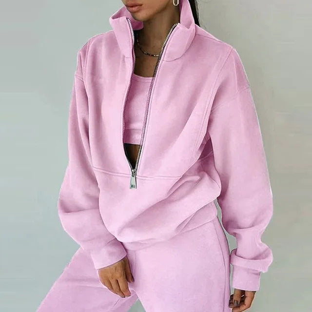 Pink women zipper hooded tracksuit 2 piece sports set lifestyle look - TeenStylo