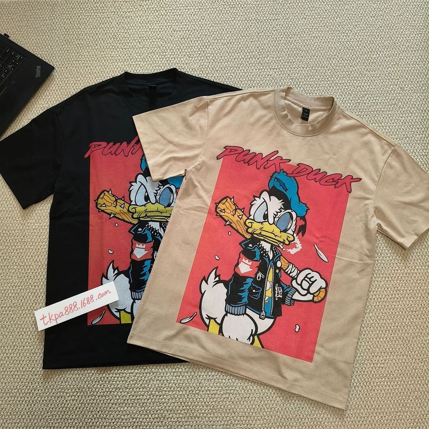 Back view black cartoon print couple loose short sleeve tee for men TeenStylo