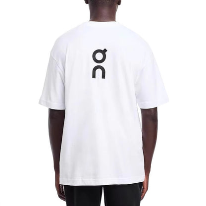 White unisex On Club T graphic cotton tee styled in streetwear lifestyle look | TeenStylo