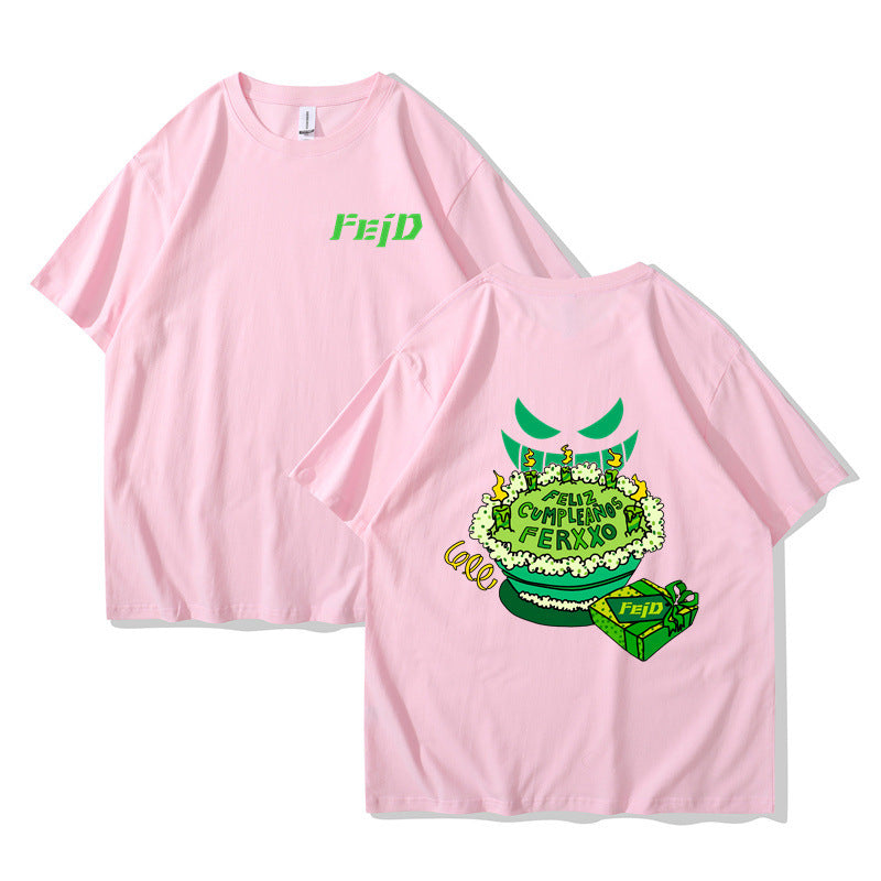 Pink Feliz Cumpleanos Ferxxo Tour unisex t-shirt lifestyle view, Y2K streetwear style at TeenStylo