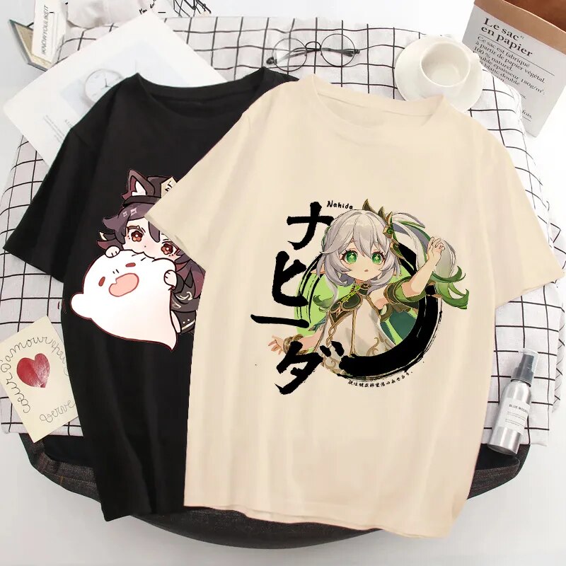 Genshin Impact Hu Tao Xiao Kawaii Graphic Tee Unisex Anime Streetwear T-Shirt Front View TeenStylo