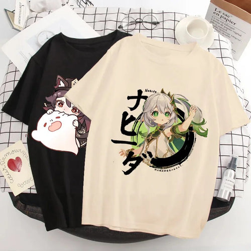 Genshin Impact Hu Tao Xiao Kawaii Graphic Tee Unisex Anime Streetwear T-Shirt Front View TeenStylo