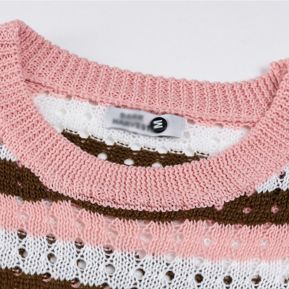 Blue crochet color block striped hollow knit short sleeve detail close-up | TeenStylo