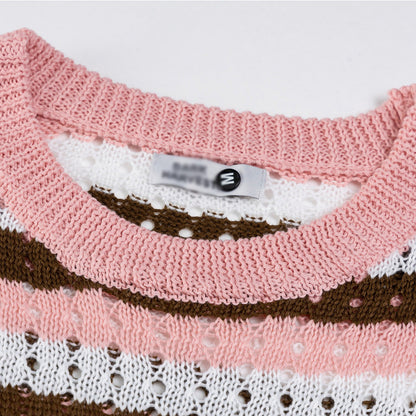 Blue crochet color block striped hollow knit short sleeve detail close-up | TeenStylo
