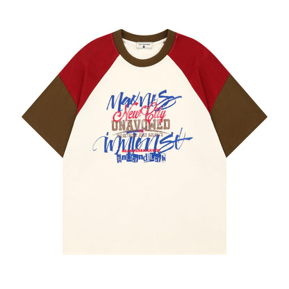 Apricot raglan sleeve colorblock sweatshirt with hand-painted letters lifestyle shot at TeenStylo