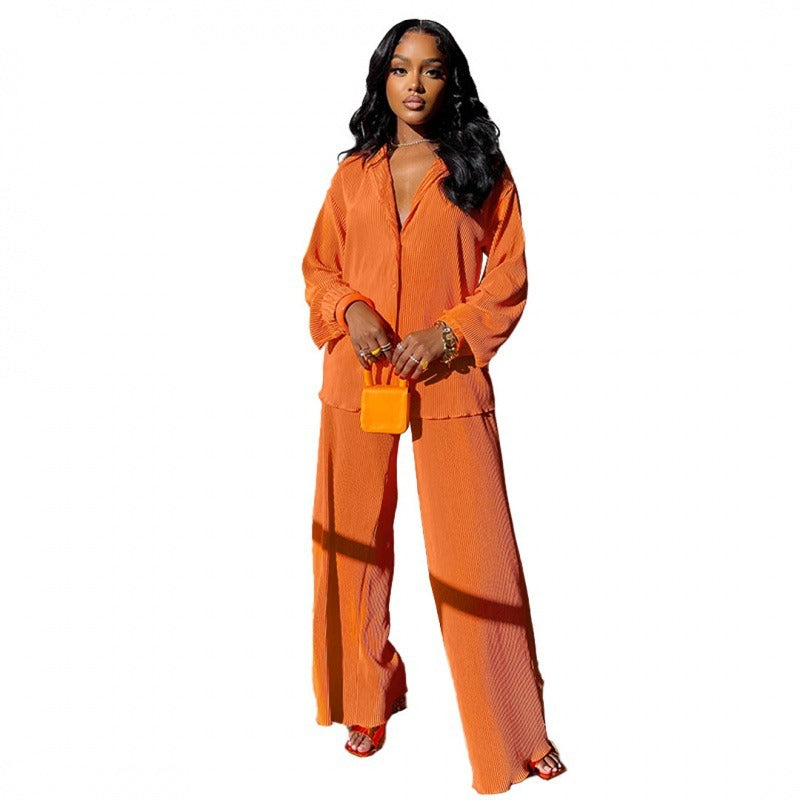 Orange wide leg pants and long sleeve shirt set lifestyle look TeenStylo