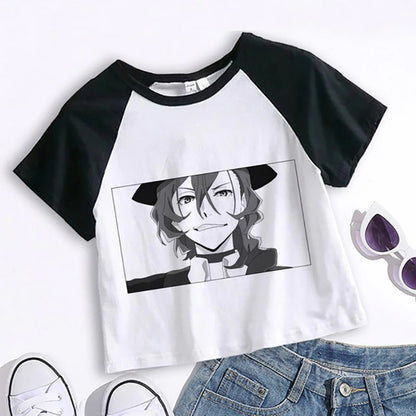 Back view of white unisex Bungou Stray Dogs Chuuya anime crop top cartoon t-shirt streetwear | TeenStylo