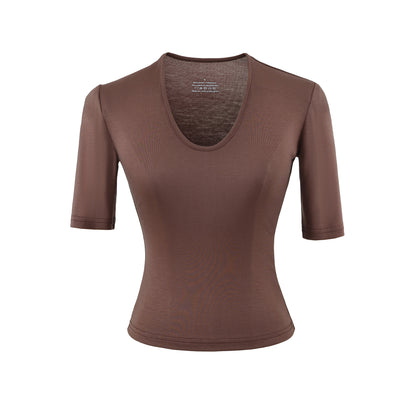 Brown women's U-neck mid sleeve T-shirt streetwear style lifestyle shot | TeenStylo