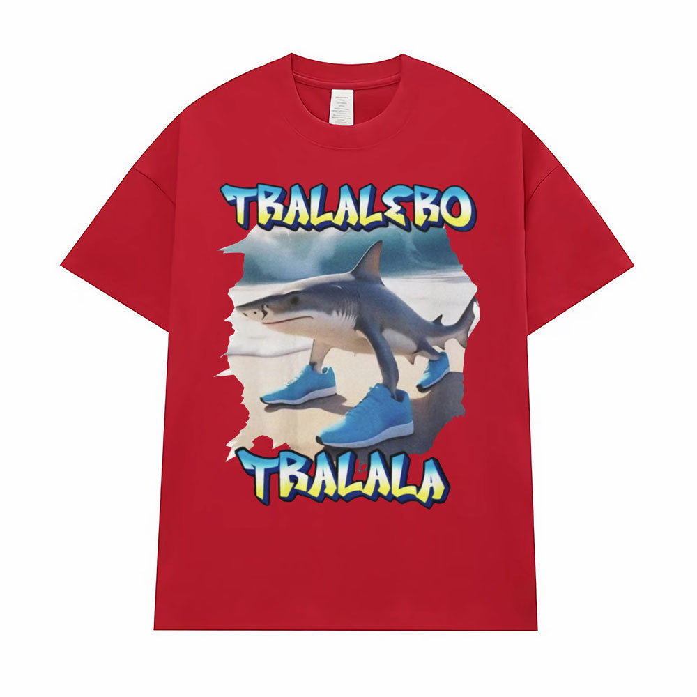 Red Tralalero Tralala funny running shark meme graphic tee shirt for men lifestyle TeenStylo