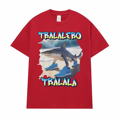 Red Tralalero Tralala funny running shark meme graphic tee shirt for men lifestyle TeenStylo