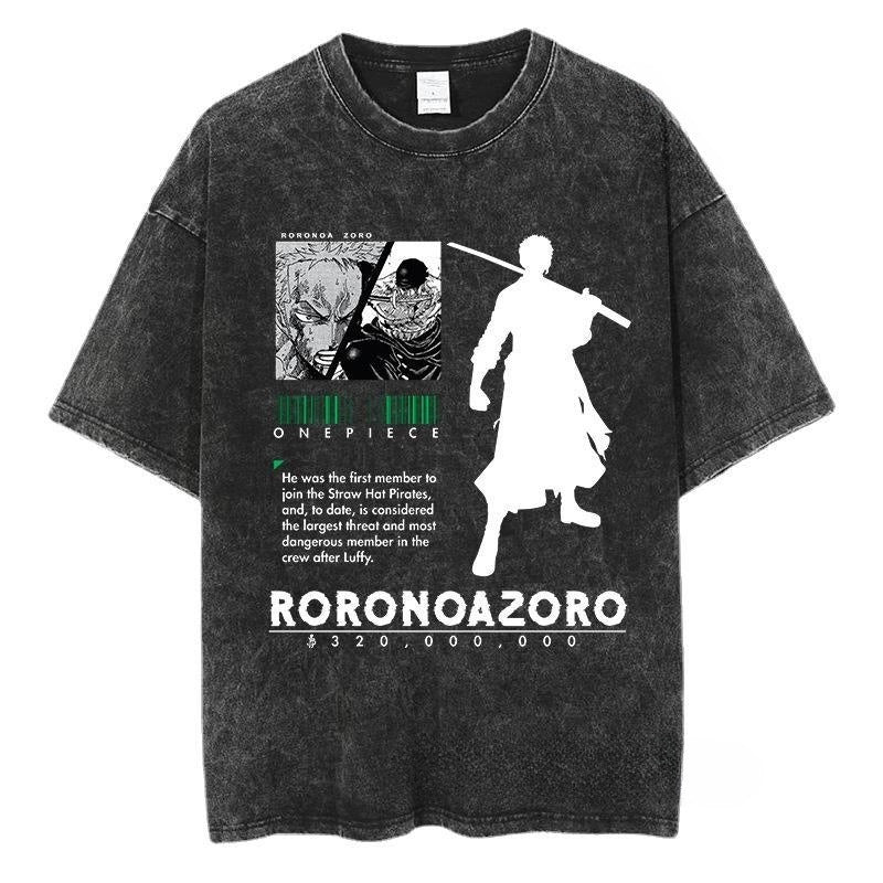 Black Unisex One Piece Zoro Anime Y2K Harajuku Streetwear T-Shirt Lifestyle Look | TeenStylo
