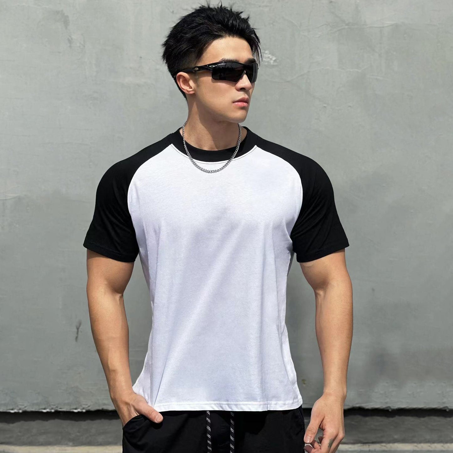 Men's white color-blocked raglan sleeve T-shirt streetwear style lifestyle look at TeenStylo