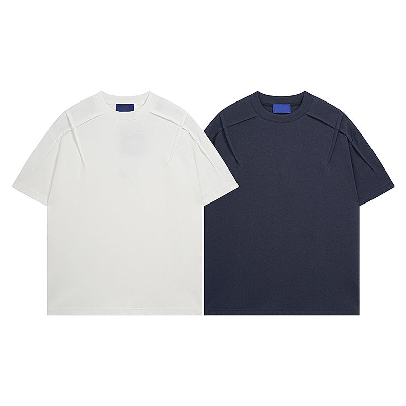 Dark blue men's casual short sleeve t-shirt fabric detail close-up, regular fit summer streetwear | TeenStylo