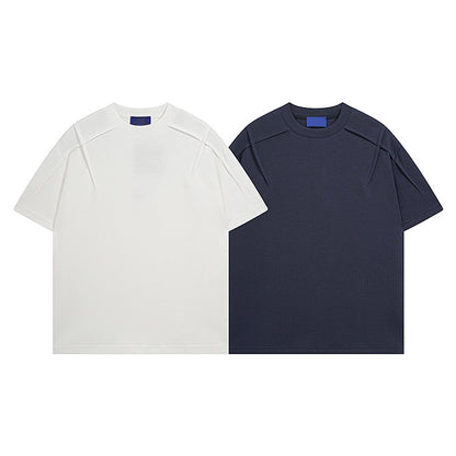 Dark blue men's casual short sleeve t-shirt fabric detail close-up, regular fit summer streetwear | TeenStylo
