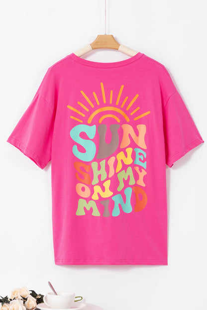 Bright pink Sunshine On My Mind graphic tee unisex streetwear Y2K style lifestyle shot TeenStylo