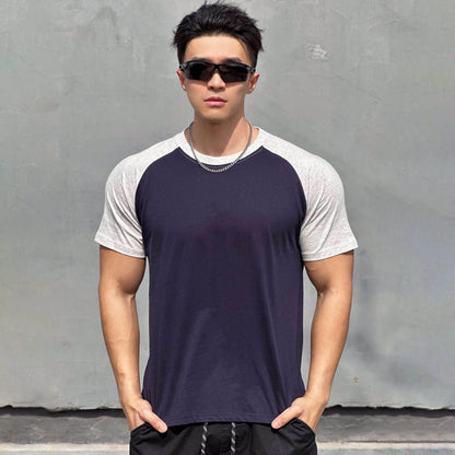 Camel color-blocked raglan sleeve detail close-up mens streetwear T-shirt TeenStylo