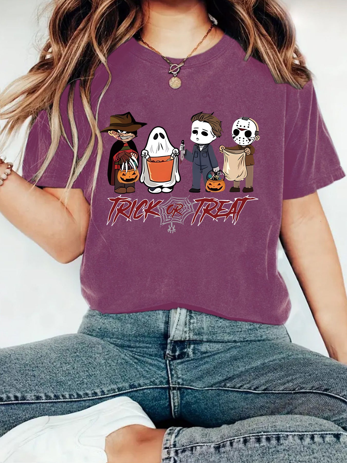 Dark red floral print funny character short sleeve unisex T-shirt lifestyle photo TeenStylo