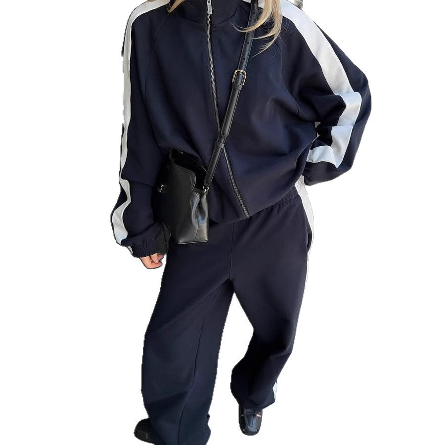 Navy blue unisex long sleeve contrasting sports shirt and long pants lifestyle shot - TeenStylo