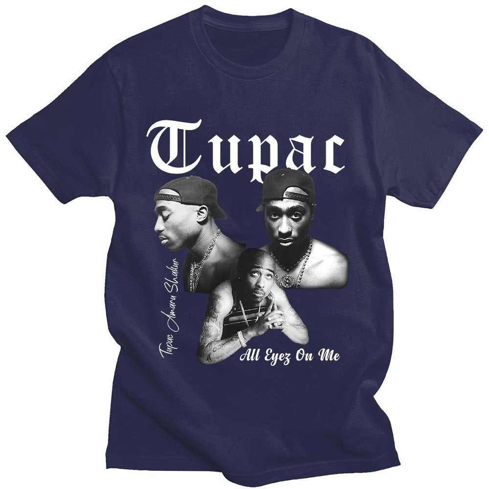 Person wearing navy blue Tupac 2Pac graphic tee styled as Y2K streetwear fashion unisex outfit - TeenStylo