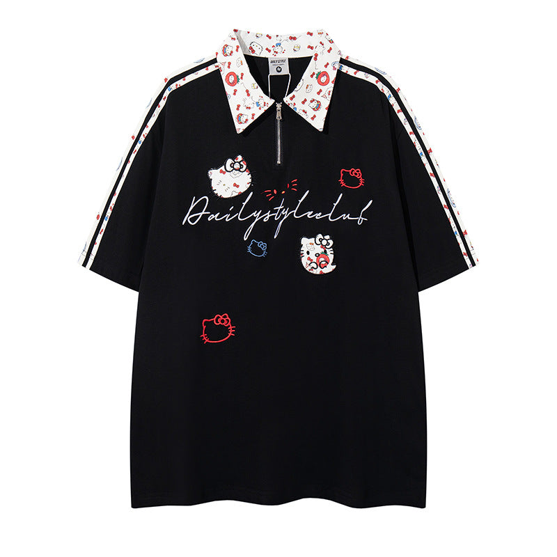 Black cartoon embroidery notched collar pure cotton short sleeve shirt lifestyle shot - TeenStylo