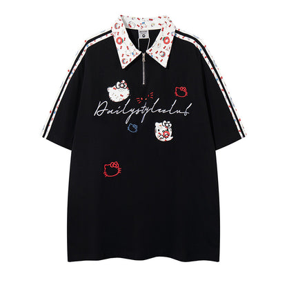Black cartoon embroidery notched collar pure cotton short sleeve shirt lifestyle shot - TeenStylo