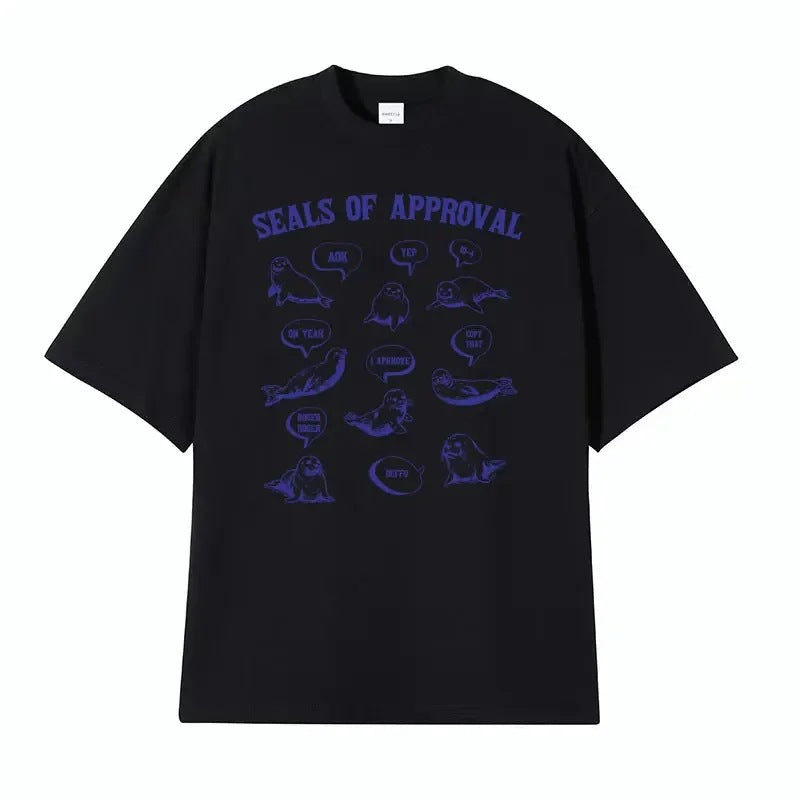 Man wearing pink Seals of Approval funny meme retro graphic tee in casual lifestyle setting | TeenStylo