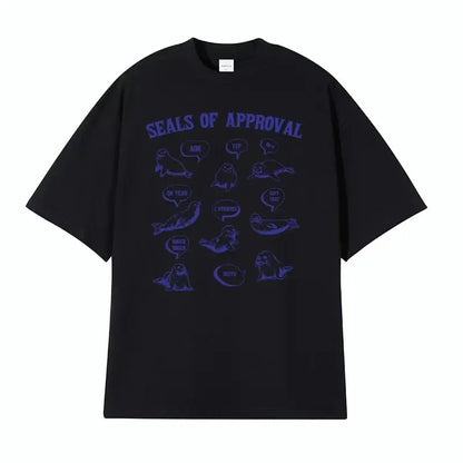 Man wearing pink Seals of Approval funny meme retro graphic tee in casual lifestyle setting | TeenStylo