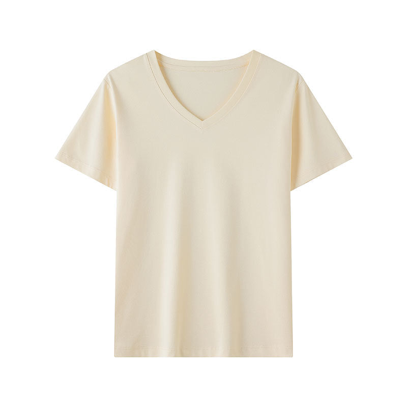Apricot V-neck short sleeve t-shirt unisex Y2K streetwear casual tee front view | TeenStylo