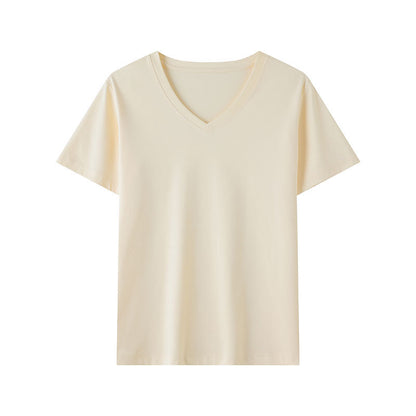 Apricot V-neck short sleeve t-shirt unisex Y2K streetwear casual tee front view | TeenStylo