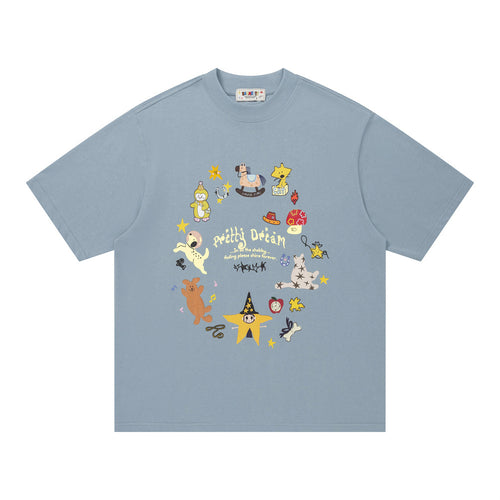 Men's star blue printed short sleeve T-shirt front view – Y2K streetwear style | TeenStylo
